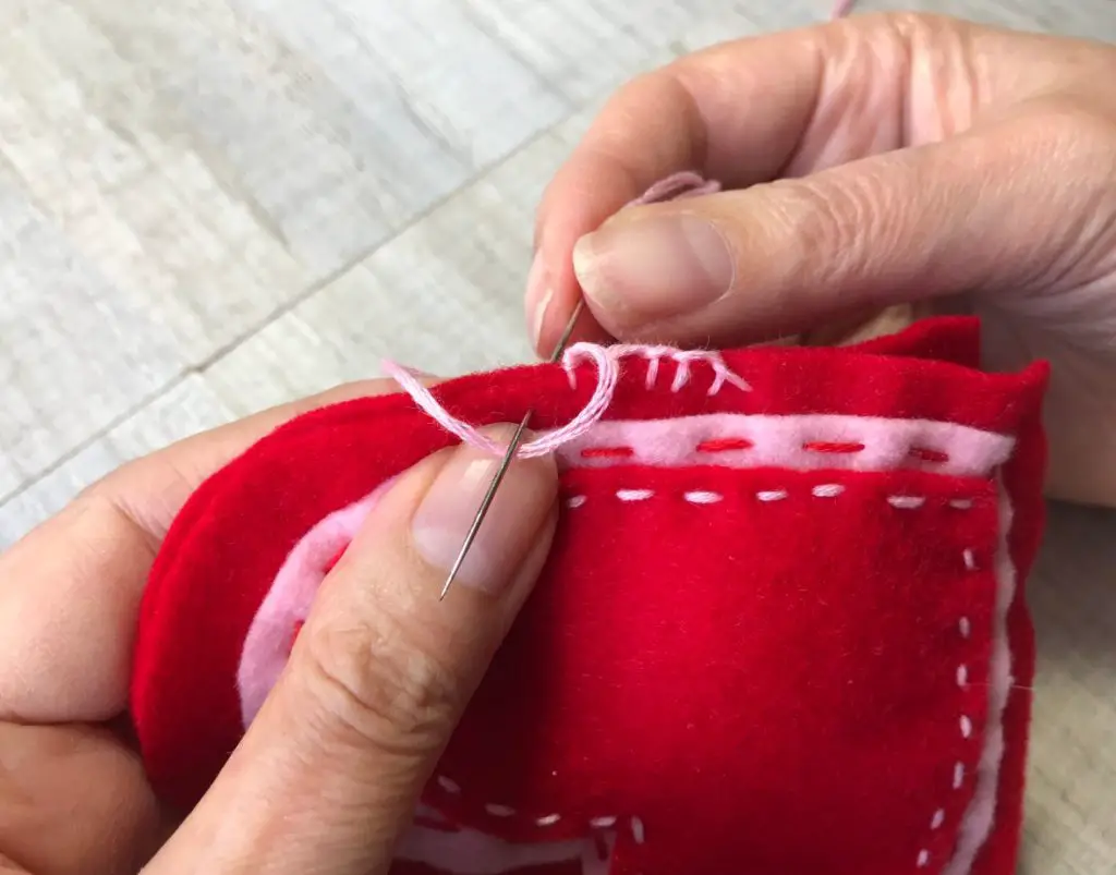 Blanket stitching on lavender bag hearts