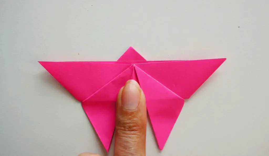 Lower point folded up the back and Origami butterfly starting to appear