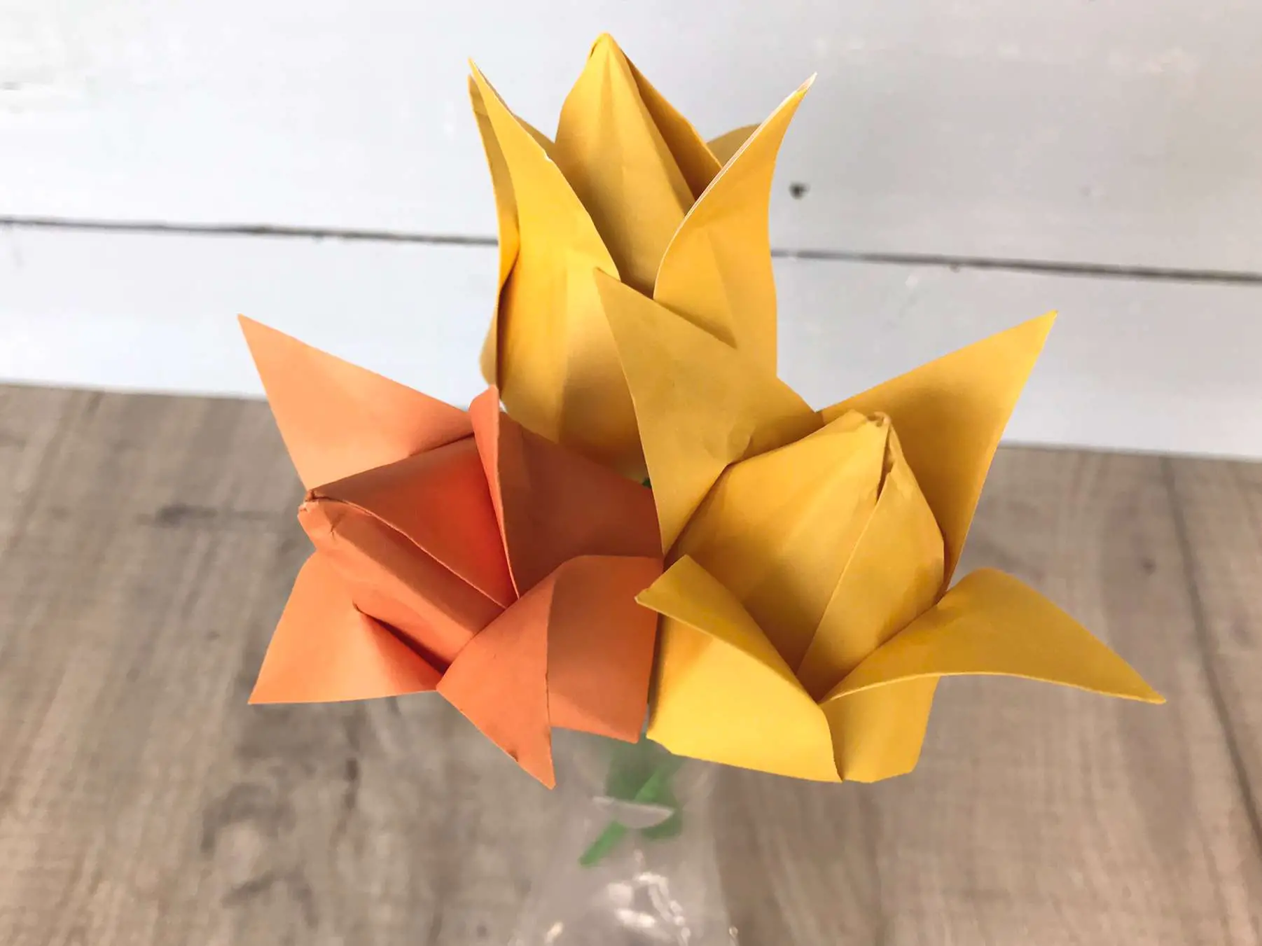 3 origami tulips in vase