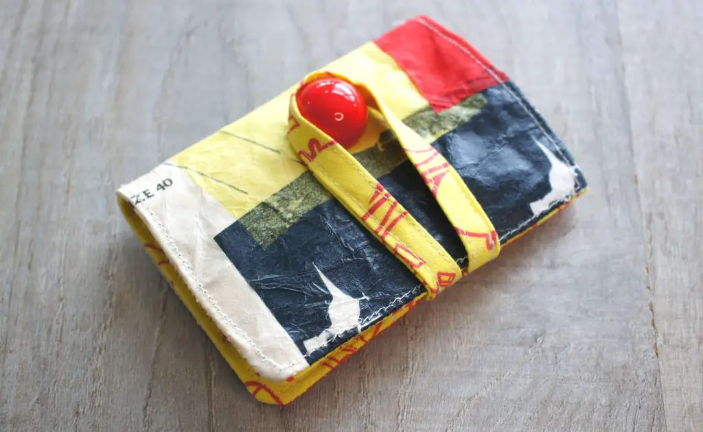 teabag wallet made from fabric paper in red, blue and yellow