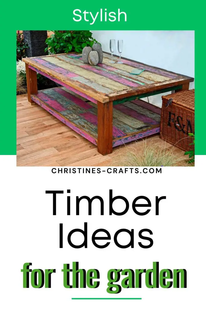 pinterest pin with wooden table and decking on it